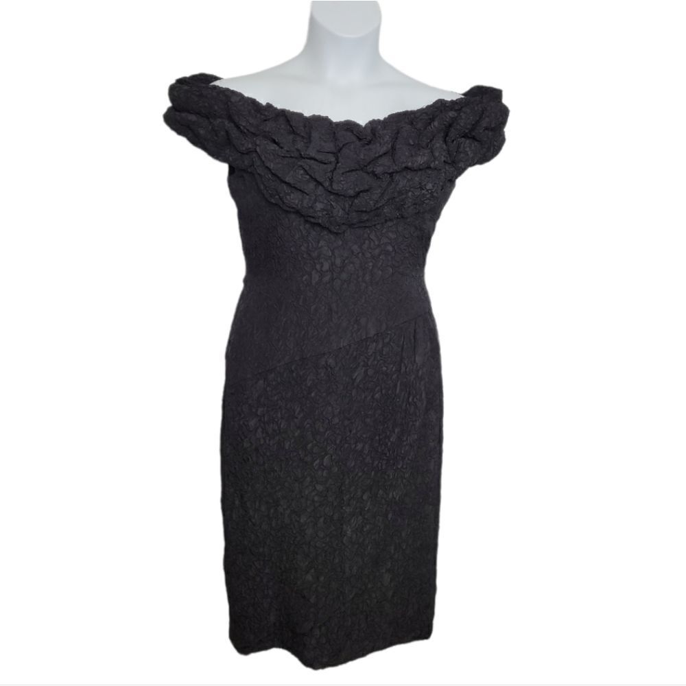 VINTAGE 80s black dress off shoulder embossed gathered cocktail M